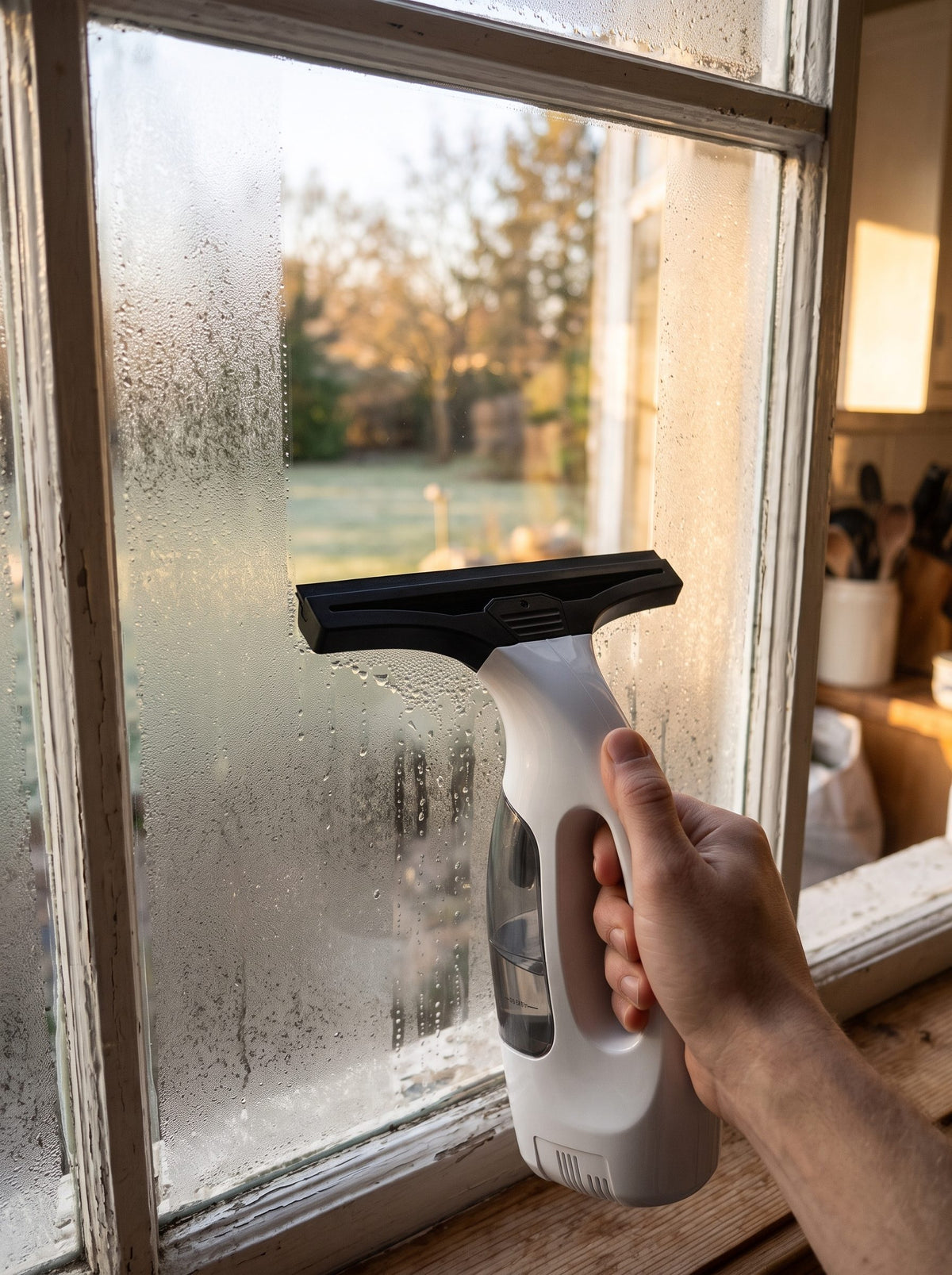 Aspirateur de vitres qui retire la buée d'une fenêtre de cuisine