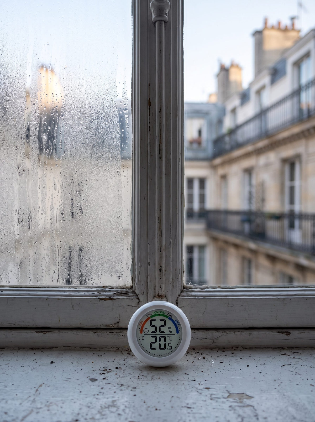 Hygromètre posé sur le rebord d'une fenêtre
